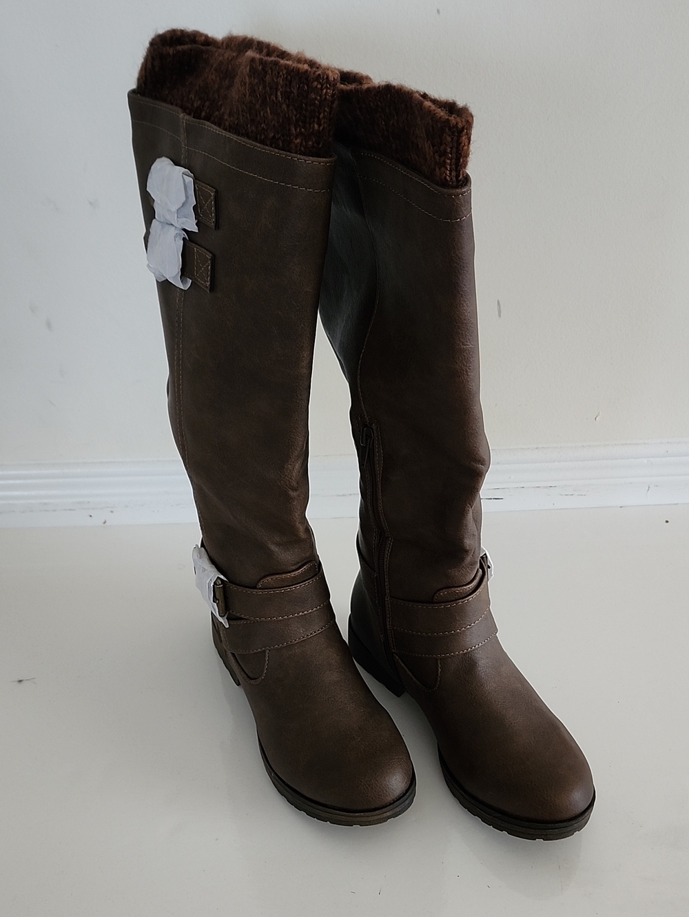 Women's Tall Faux-Fur Lined Brown Riding Boots